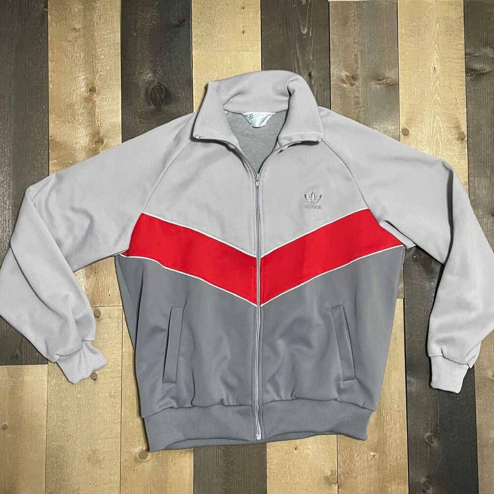 ADIDAS Women's XL Vintage Track Jacket Trefoil Logo Jersey Full Zip GRAY w/ RED